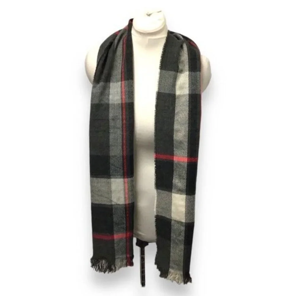 Goodfellow & Co. Mens Raw Edge Plaid Scarf with Fringe, Gray, OSFA